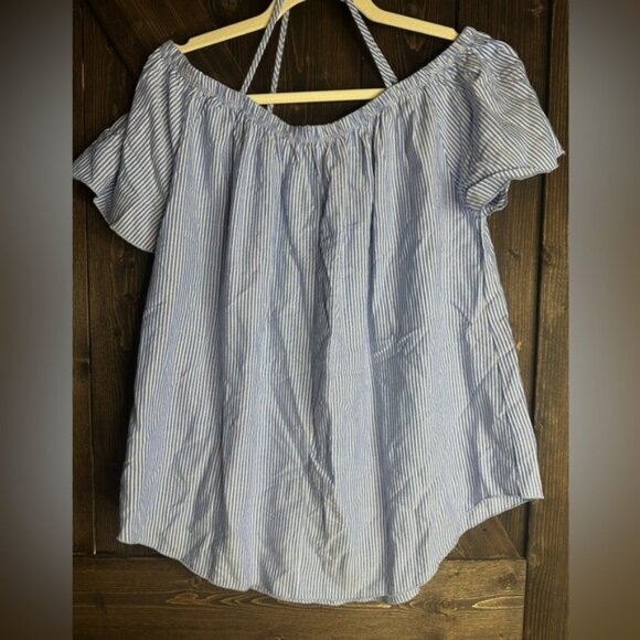 Moon Kiss•Size Med•off shoulder• Blue &White• vertical striped• blouse•EUC - Picture 3 of 3